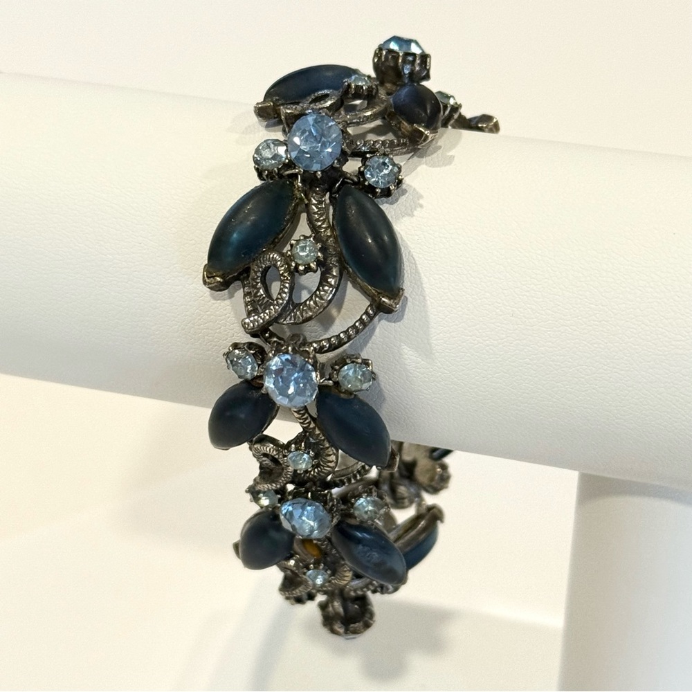 Vintage Florenza Blue Rhinestone Navette Marquise Bracelet Silver Tone Statement - Picture 2 of 16
